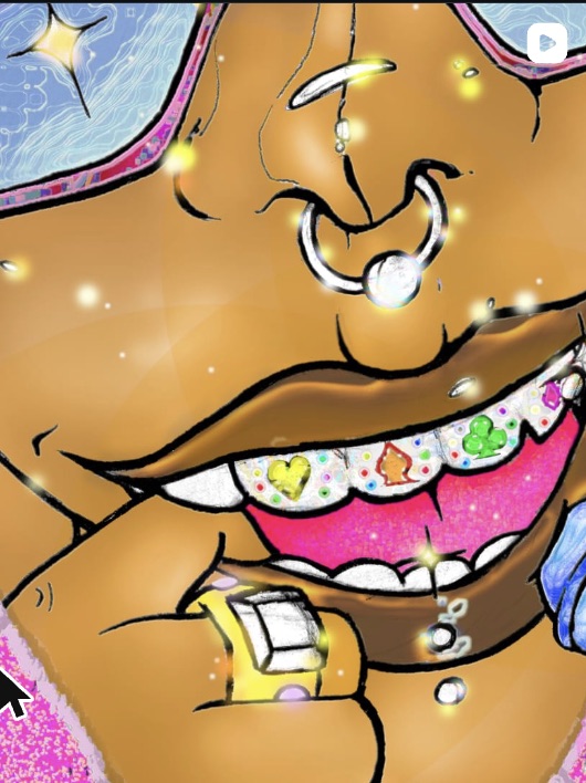 Extrait du film Gēmu Okane, personnage au grillz fluorescent orné des symboles du jeu de cartes